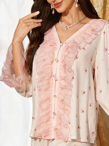PalaceNights Court Style Ditsy Floral V-Neck Long Sleeve Women's Pajama Top - Multicolor - View 5