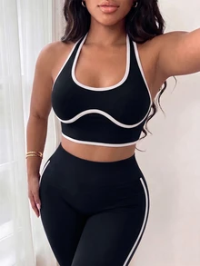 SHEIN Sports Women's Colorblock Trim Backless Halter Top & Leggings Sports Set - Black and White - View 3