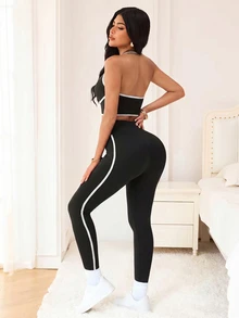 SHEIN Sports Women's Colorblock Trim Backless Halter Top & Leggings Sports Set - Black and White - View 2