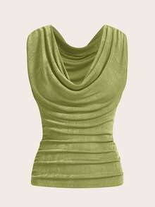 SHEIN ICON Women's Solid Color Minimalist Draped Neck Sleeveless Tank Top - Army Green - View 3