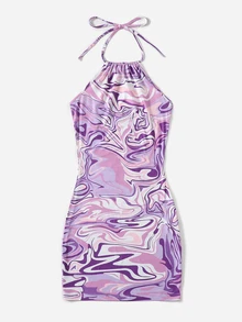 SHEIN ICON 90s Marble Print Ruched Graphic Bodycon Dress,Pastel Dresses For Women - Lilac Purple - View 6