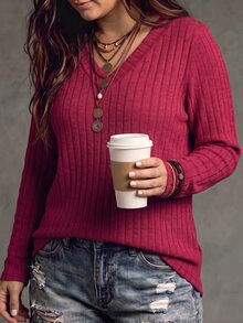 SHEIN LUNE Women's New Autumn/Winter Best-Selling Wide Ribbed Soft Knit Casual Versatile Plus Size T-Shirt - Red - View 5