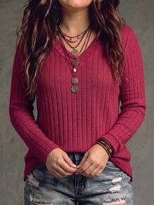 SHEIN LUNE Women's New Autumn/Winter Best-Selling Wide Ribbed Soft Knit Casual Versatile Plus Size T-Shirt - Red - View 4