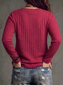 SHEIN LUNE Women's New Autumn/Winter Best-Selling Wide Ribbed Soft Knit Casual Versatile Plus Size T-Shirt - Red - View 2