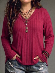 SHEIN LUNE Women's New Autumn/Winter Best-Selling Wide Ribbed Soft Knit Casual Versatile Plus Size T-Shirt - Red - View 3