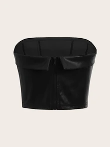 SHEIN ICON Zipper Back PU Leather Tube Top - Black - View 2