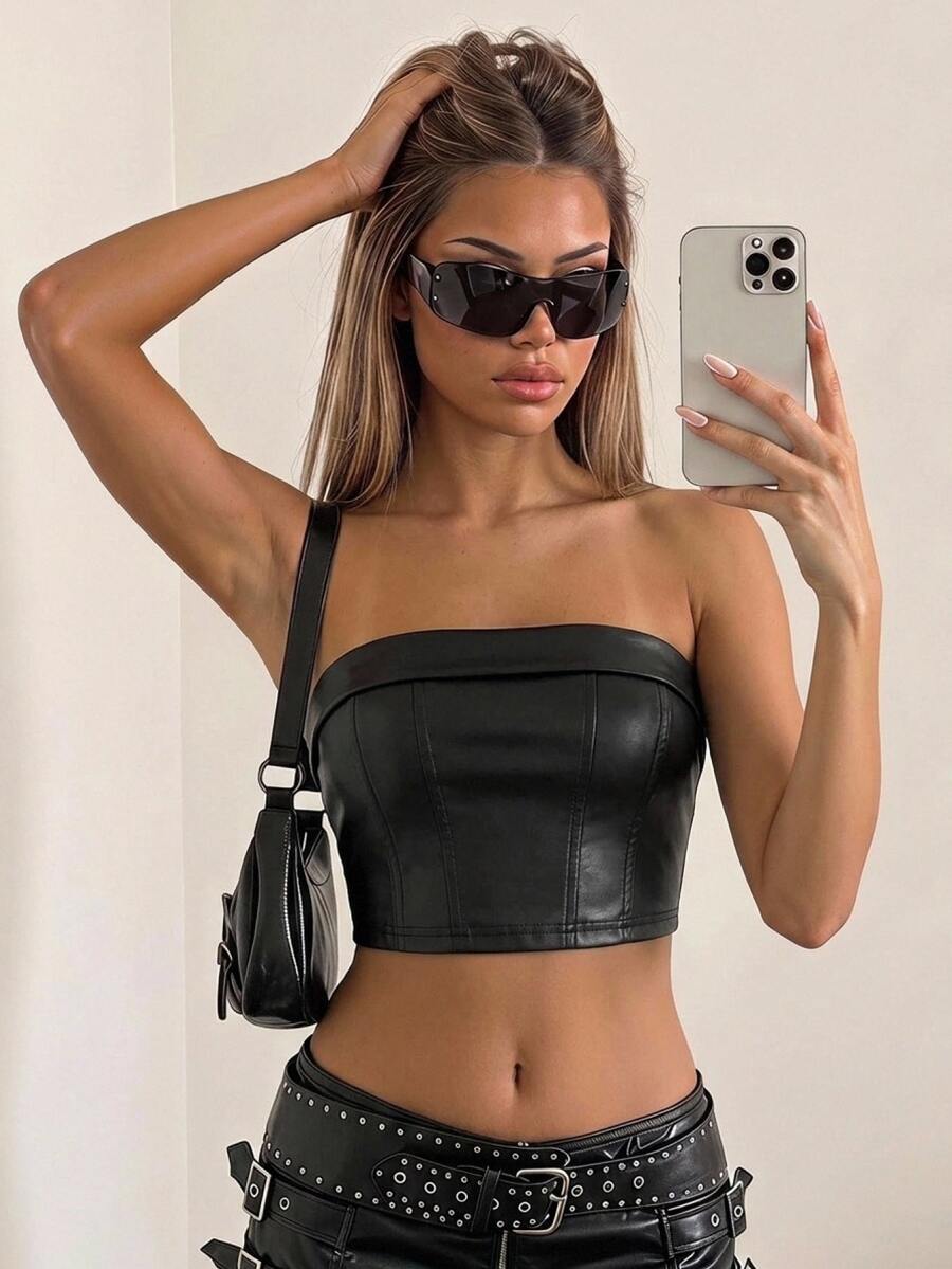 SHEIN ICON Zipper Back PU Leather Tube Top - Black - View 1
