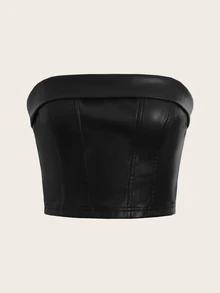 SHEIN ICON Zipper Back PU Leather Tube Top - Black - View 3