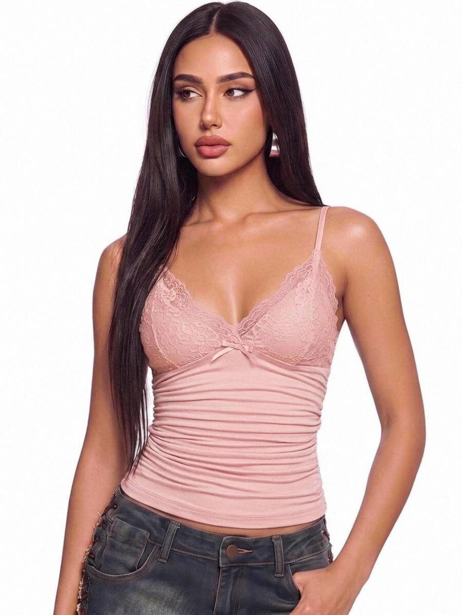 SHEIN ICON Contrast Lace Bow Front Y2k Solid Cami Top, Summer Vacation Daily - Baby Pink - View 1