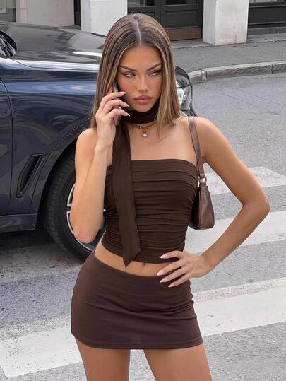 SHEIN ICON Women's Dark Brown Ruched Knitted Top+Choker,Summer Seksi Chic Club Night Elegant Top,Beach,Country Casual Tops,Birthday Wear,Boho,Retro
