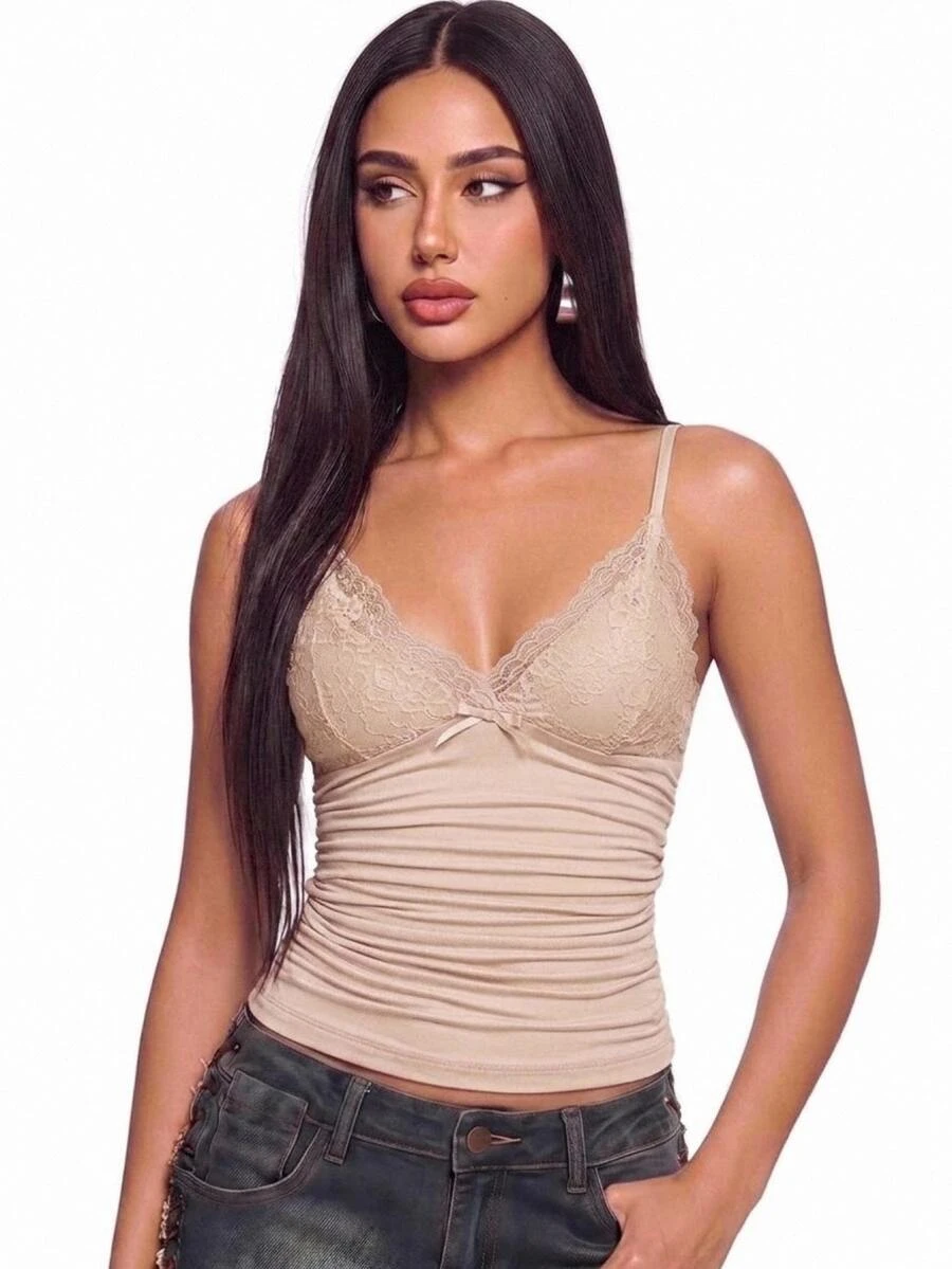 SHEIN ICON 女士蕾丝拼布荷叶边 Y2k 吊带背心 - 卡其色 - 查看 1