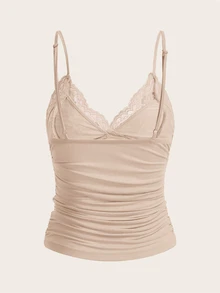 SHEIN ICON 女士蕾丝拼布荷叶边 Y2k 吊带背心 - 卡其色 - 查看 2
