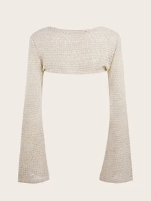 SHEIN ICON 春季白色纯色超短款毛衣、长袖上衣 - 杏色 - 查看 2