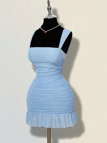 SHEIN ICON Gaun Mini Wanita Elegan dengan Hem Berumbai, Siluet Pas Badan dengan Kain Jala, Cocok untuk Kencan di Musim Panas - Baby Blue - View 6