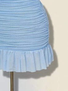 SHEIN ICON Gaun Mini Wanita Elegan dengan Hem Berumbai, Siluet Pas Badan dengan Kain Jala, Cocok untuk Kencan di Musim Panas - Baby Blue - View 5