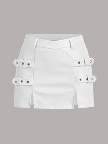 SHEIN x Lina SHEIN ICON تنورة بحافة مشقوق موحدة اللون - أبيض - مشاهدة 3