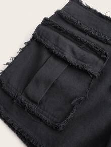 SHEIN ICON Zip Fly Flap Pocket Raw Trim Shorts - Black - View 5