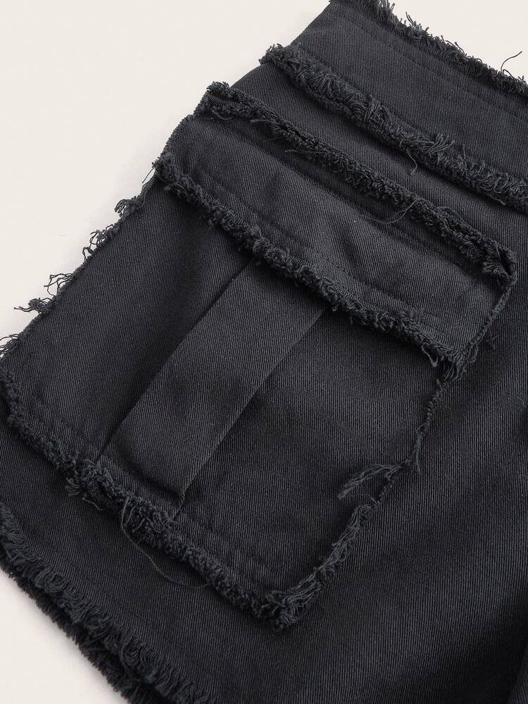 SHEIN ICON 拉鏈門襟翻蓋口袋毛邊緣短褲 - 黑色 - 查看 5