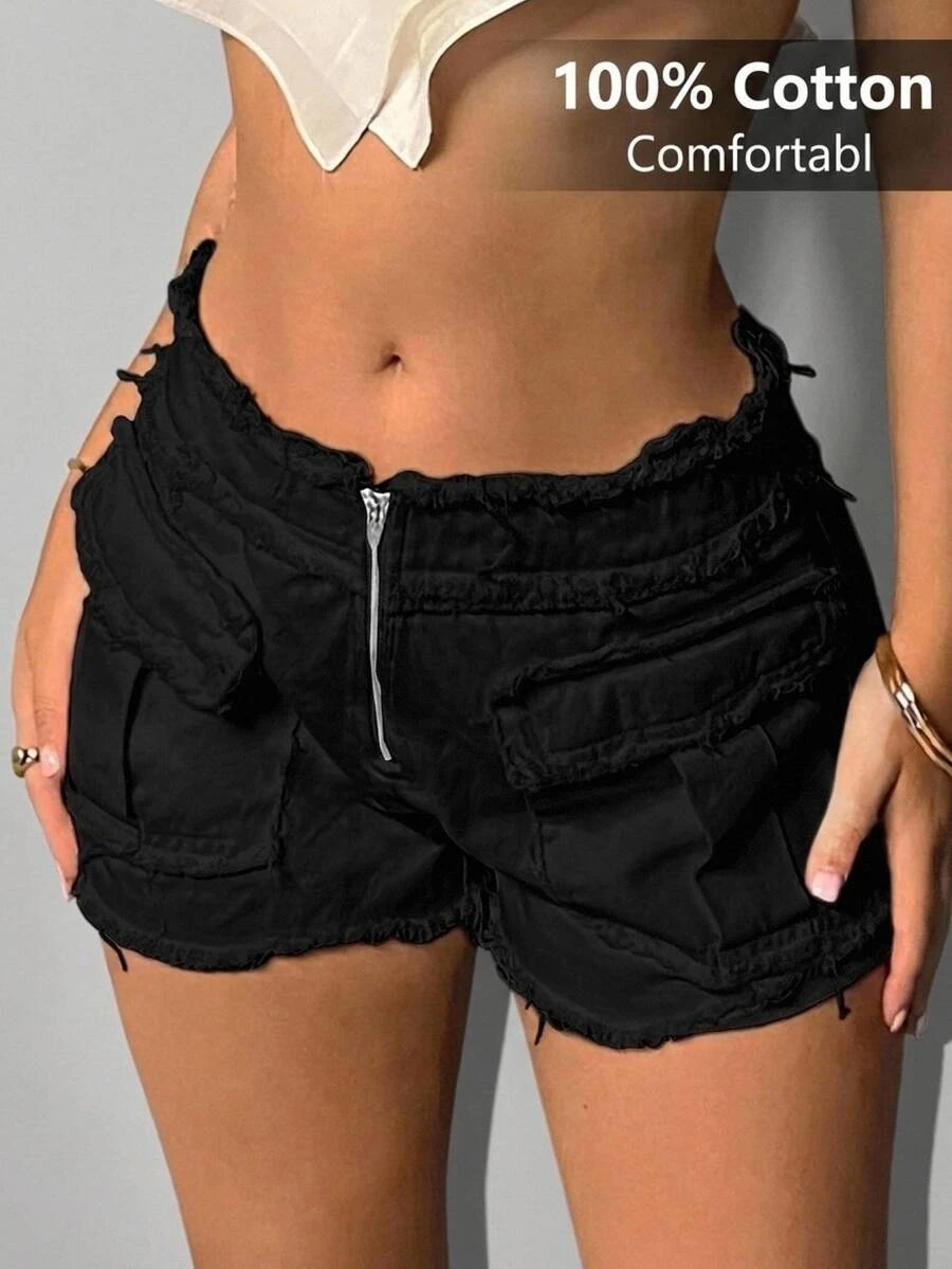 SHEIN ICON Zip Fly Flap Pocket Raw Trim Shorts - Black - View 1
