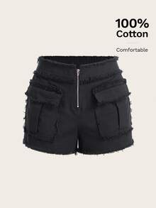 SHEIN ICON Zip Fly Flap Pocket Raw Trim Shorts - Black - View 3