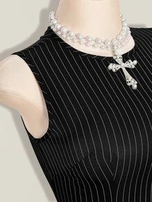 SHEIN ICON 女款條紋拼接配色法式溫柔圓領洋裝 - 黑與白 - 查看 9