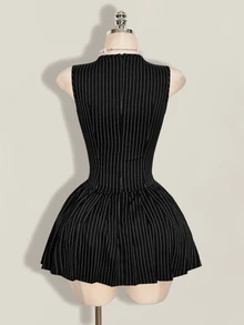 SHEIN ICON 女款條紋拼接配色法式溫柔圓領洋裝 - 黑與白 - 查看 2