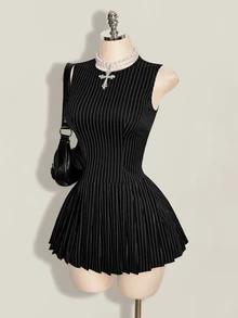 SHEIN ICON 女款條紋拼接配色法式溫柔圓領洋裝 - 黑與白 - 查看 4