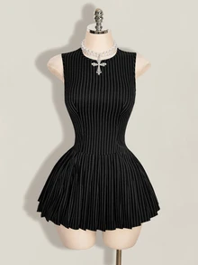 SHEIN ICON 女款條紋拼接配色法式溫柔圓領洋裝 - 黑與白 - 查看 6