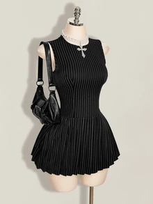 SHEIN ICON 女款條紋拼接配色法式溫柔圓領洋裝 - 黑與白 - 查看 3
