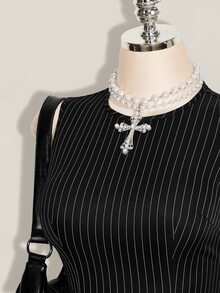 SHEIN ICON 女款條紋拼接配色法式溫柔圓領洋裝 - 黑與白 - 查看 5