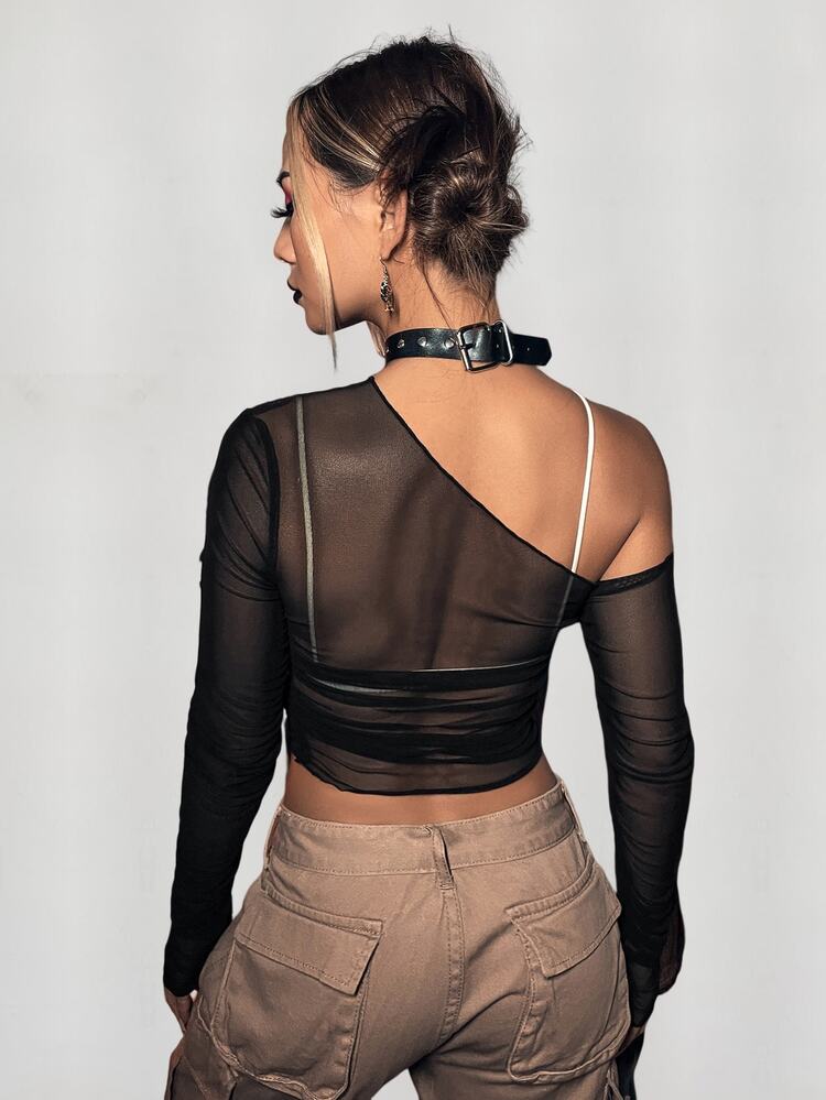 SHEIN ICON Black Asymmetrical Neck Sheer Mesh Perspective Top Without Bra - Black - View 2