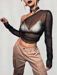 SHEIN ICON Black Asymmetrical Neck Sheer Mesh Perspective Top Without Bra - Black - View 7
