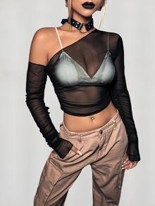 SHEIN ICON Black Asymmetrical Neck Sheer Mesh Perspective Top Without Bra - Black - View 6