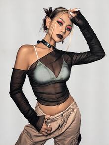 SHEIN ICON Black Asymmetrical Neck Sheer Mesh Perspective Top Without Bra - Black - View 3