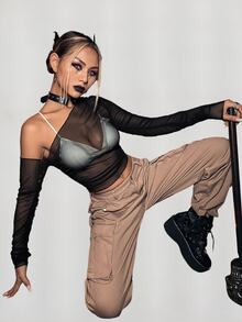 SHEIN ICON Black Asymmetrical Neck Sheer Mesh Perspective Top Without Bra - Black - View 5