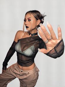 SHEIN ICON Black Asymmetrical Neck Sheer Mesh Perspective Top Without Bra - Black - View 4