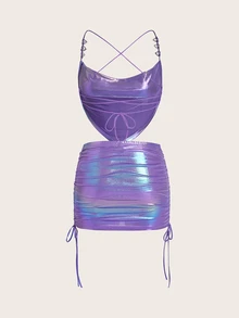 SHEIN ICON Holographic Hanky Hem Cami Top & Drawstring Side Skirt - Purple - View 2