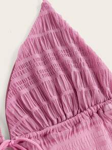 SHEIN ICON Solid Tie Backless Mesh Halter Top - Pink - View 4
