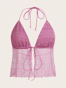 SHEIN ICON Solid Tie Backless Mesh Halter Top - Pink - View 3