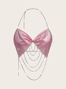 SHEIN ICON Twist Detail Chain Decorated Halter Backless Top - Pink - View 2