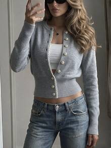 SHEIN 女款拼色休閒百搭日常外出長袖開襟衫 - 灰色 - 查看 3