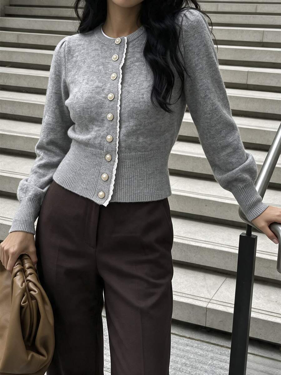 SHEIN 女款拼色休閒百搭日常外出長袖開襟衫 - 灰色 - 查看 1