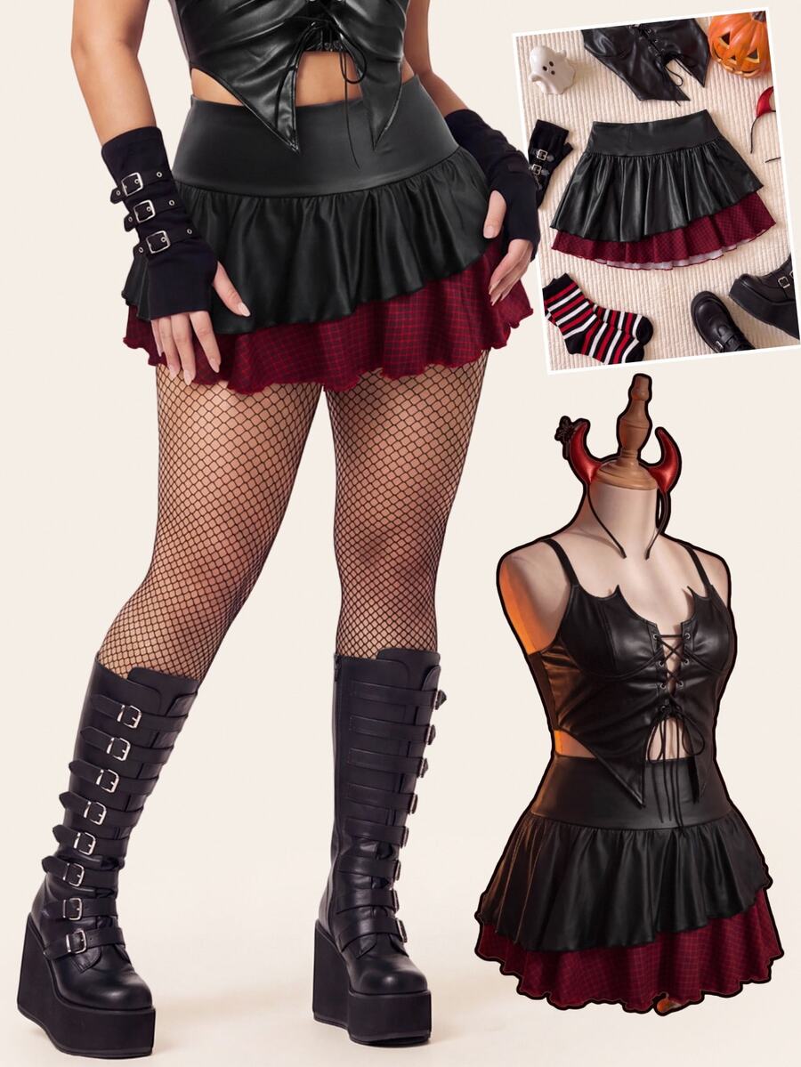 Comfortcana Plus Size Plaid Patchwork Black Skirt - Multicolor - View 1