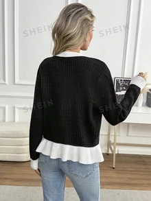 SHEIN Cardigan Rajut Wanita Bergaya Vintage dengan Kancing dan Hem Berumbai serta Warna Kontras - Hitam - View 2