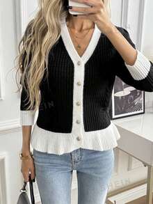 SHEIN Cardigan Rajut Wanita Bergaya Vintage dengan Kancing dan Hem Berumbai serta Warna Kontras - Hitam - View 4