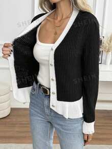 SHEIN Cardigan Rajut Wanita Bergaya Vintage dengan Kancing dan Hem Berumbai serta Warna Kontras - Hitam - View 7