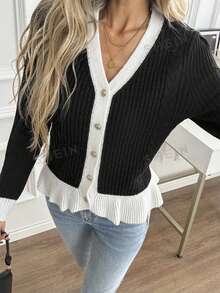 SHEIN Cardigan Rajut Wanita Bergaya Vintage dengan Kancing dan Hem Berumbai serta Warna Kontras - Hitam - View 5