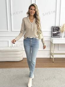 SHEIN Sweater Lengan Panjang Wanita dengan Kancing Setengah Plaket - Aprikot - View 6