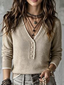 SHEIN Sweater Lengan Panjang Wanita dengan Kancing Setengah Plaket - Aprikot - View 4