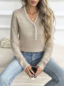SHEIN Sweater Lengan Panjang Wanita dengan Kancing Setengah Plaket - Aprikot - View 2